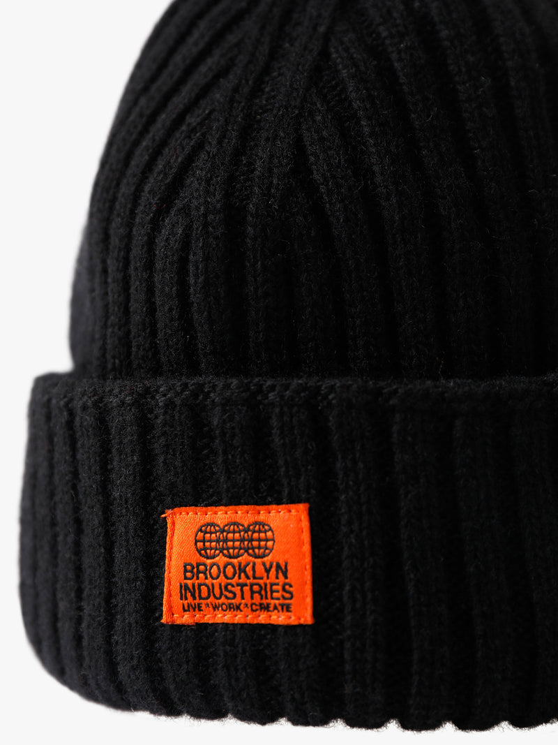 Ribbed Logo Tab Beanie in Black - BROOKLYN INDUSTRIES