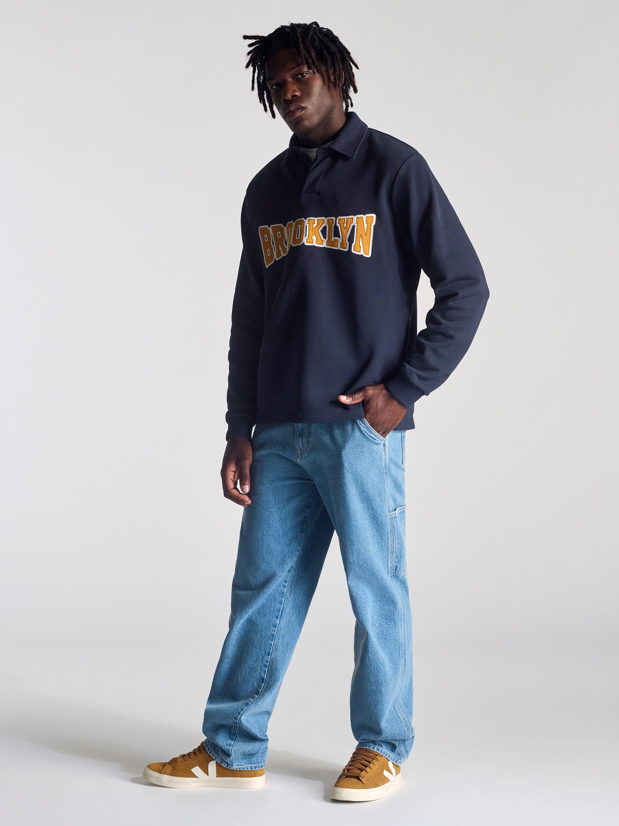 Men's Campus Half Buttoned Sweatshirt In Navy - BROOKLYN INDUSTRIES