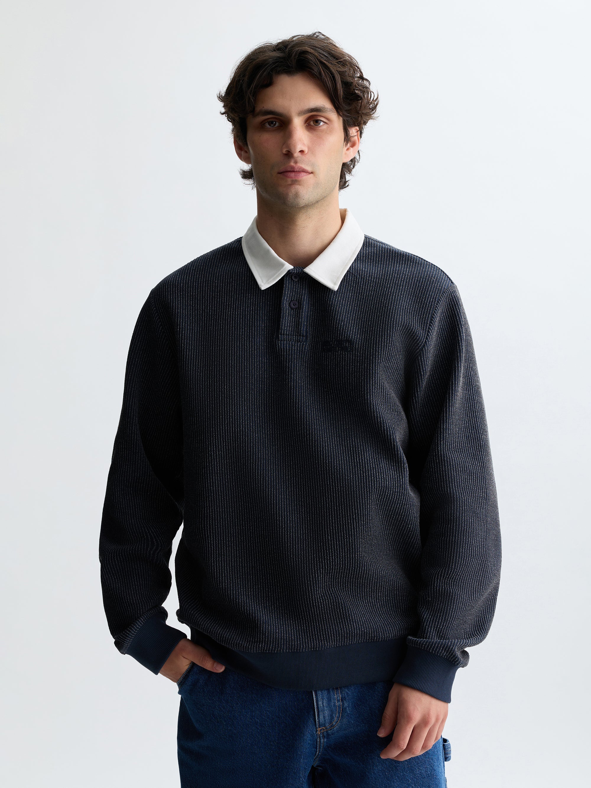 Men's Interlock Logo Polo Sweatshirt in Naval Academy - BROOKLYN INDUSTRIES