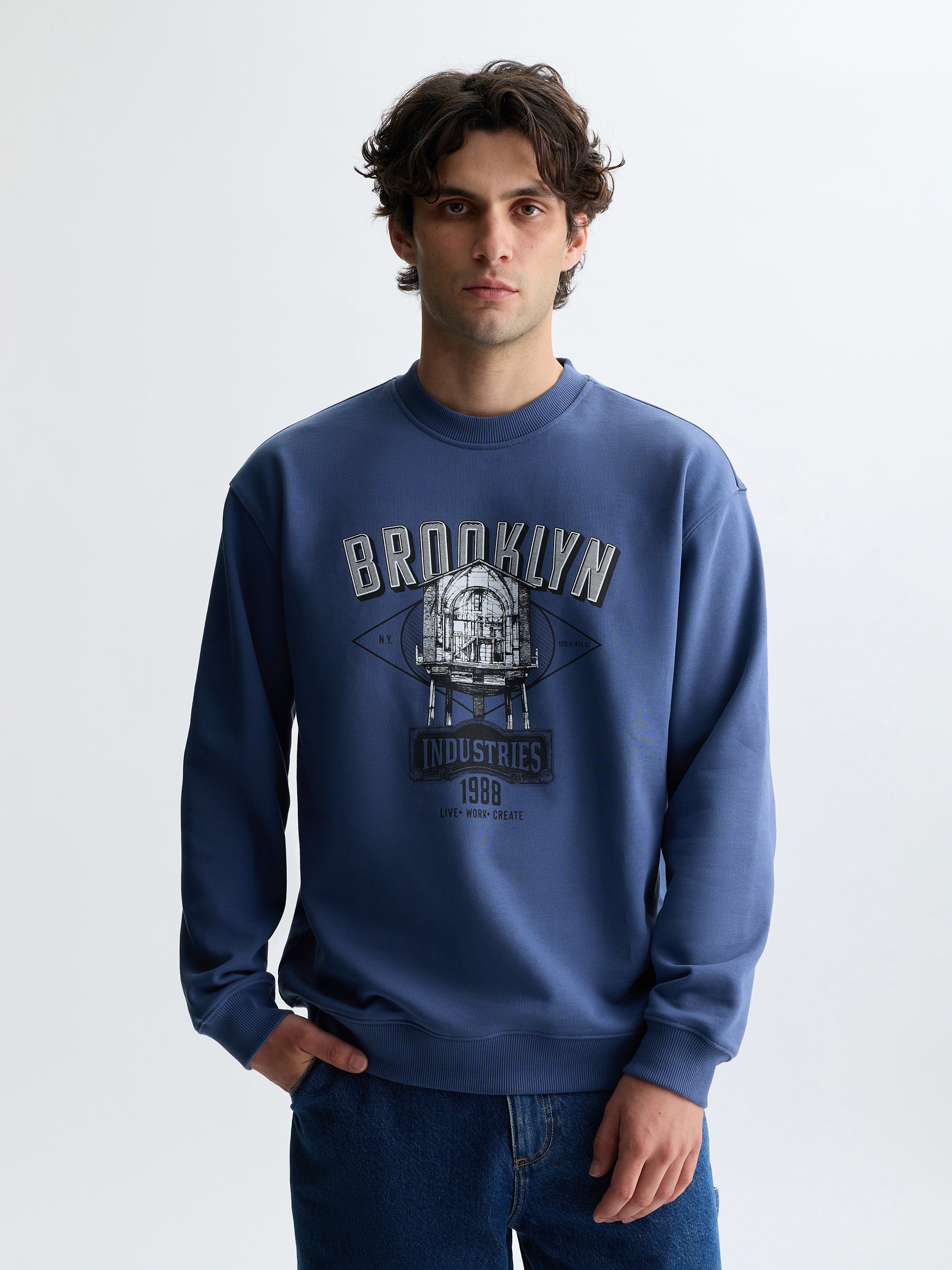 Men's Water Tower Crew Neck Sweatshirt in Vintage Indigo - BROOKLYN INDUSTRIES
