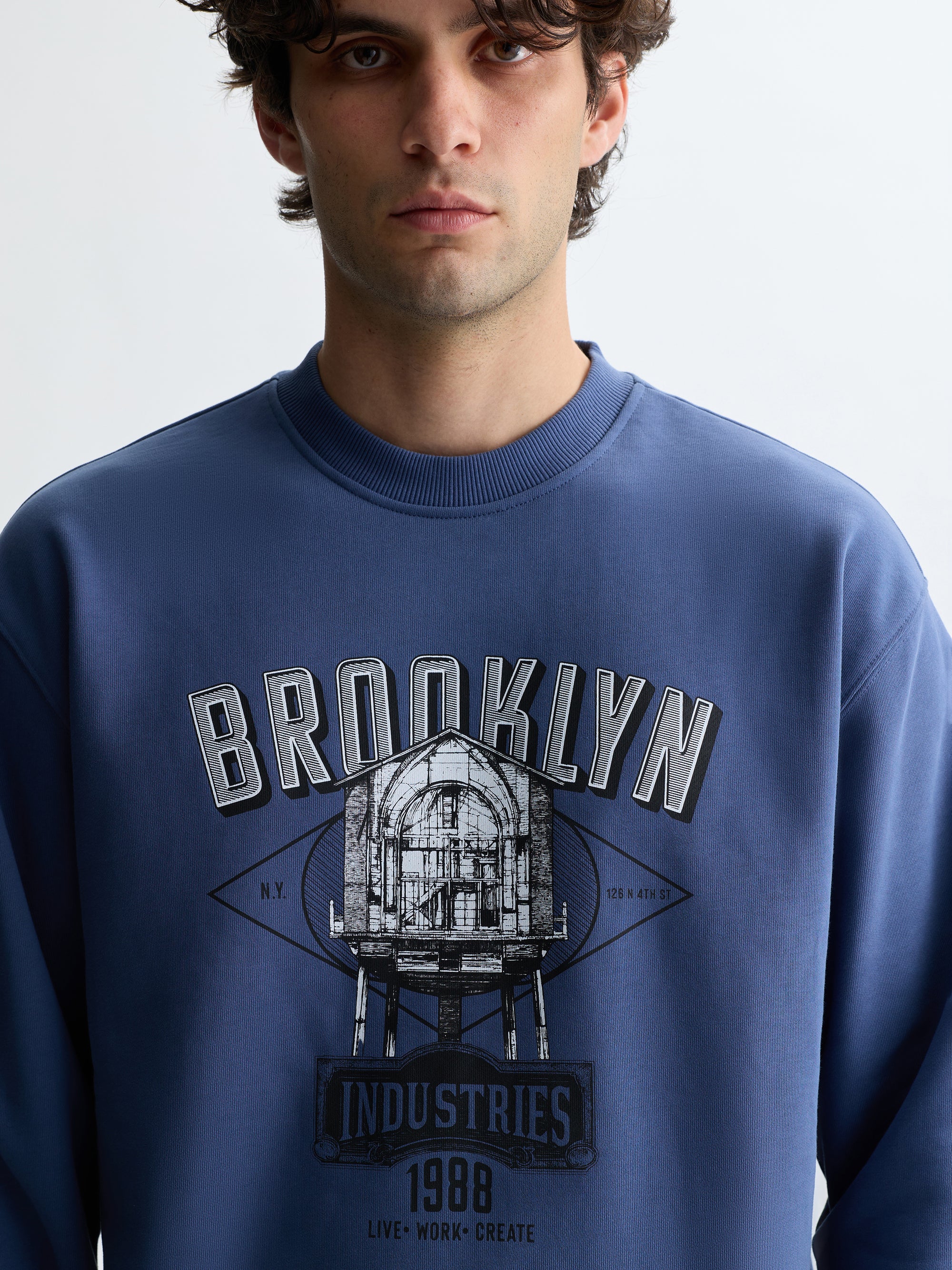 Men's Water Tower Crew Neck Sweatshirt in Vintage Indigo - BROOKLYN INDUSTRIES