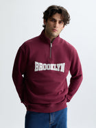 Men's Brooklyn Half Zip Sweatshirt in Maroon Banner - BROOKLYN INDUSTRIES