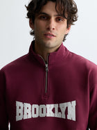 Men's Brooklyn Half Zip Sweatshirt in Maroon Banner - BROOKLYN INDUSTRIES