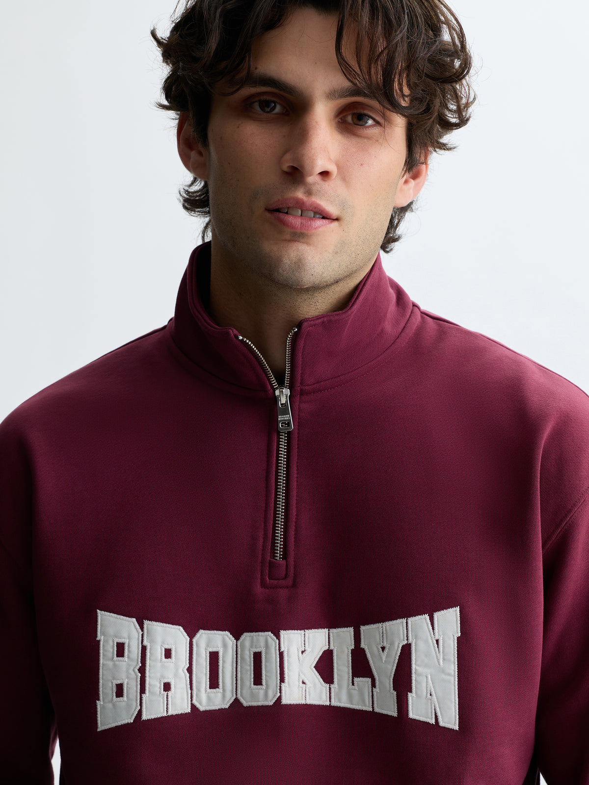 Men's Brooklyn Half Zip Sweatshirt in Maroon Banner - BROOKLYN INDUSTRIES