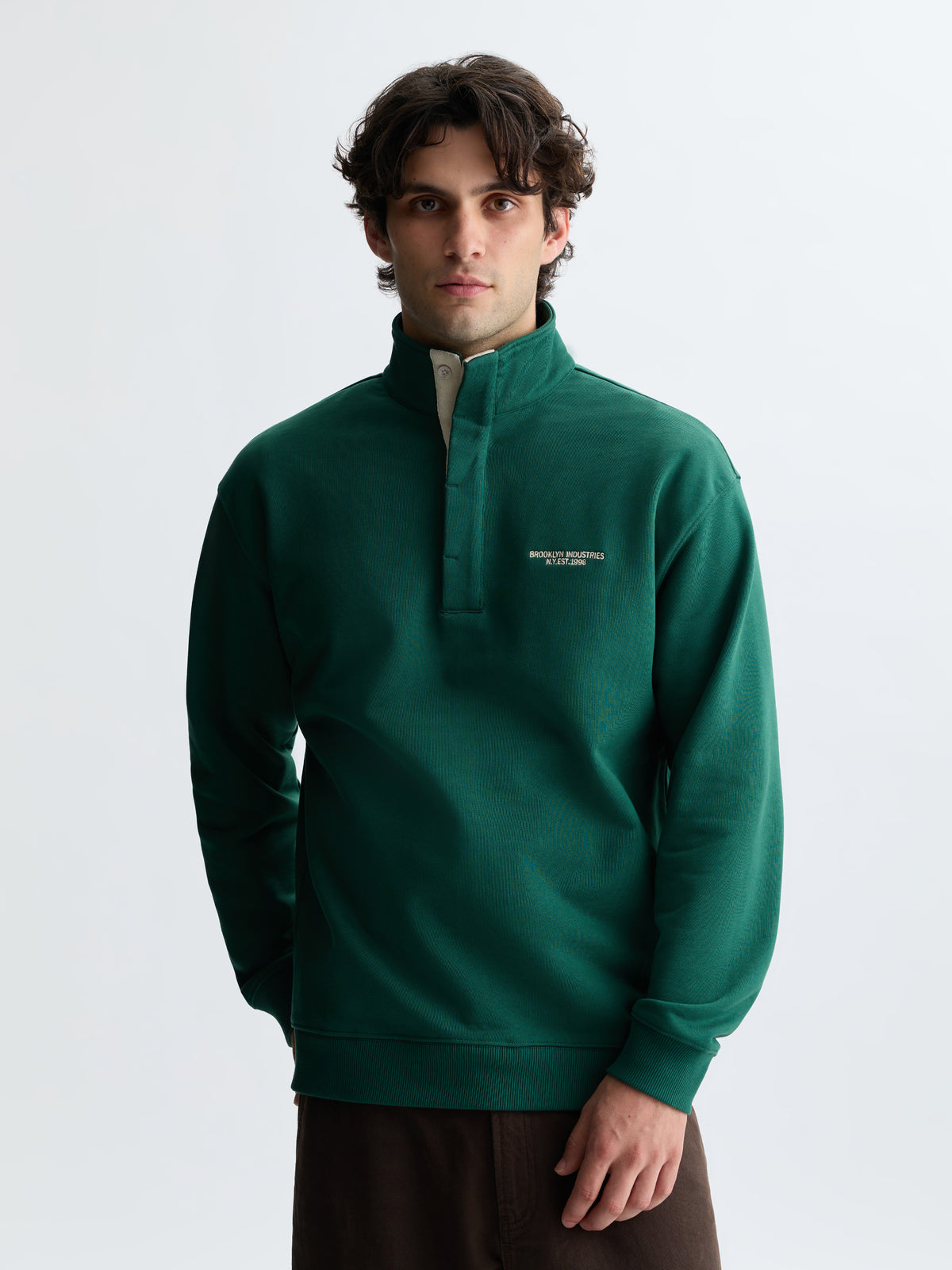 Men's Half Buttoned Logo Sweatshirt in Hunter Green - BROOKLYN INDUSTRIES