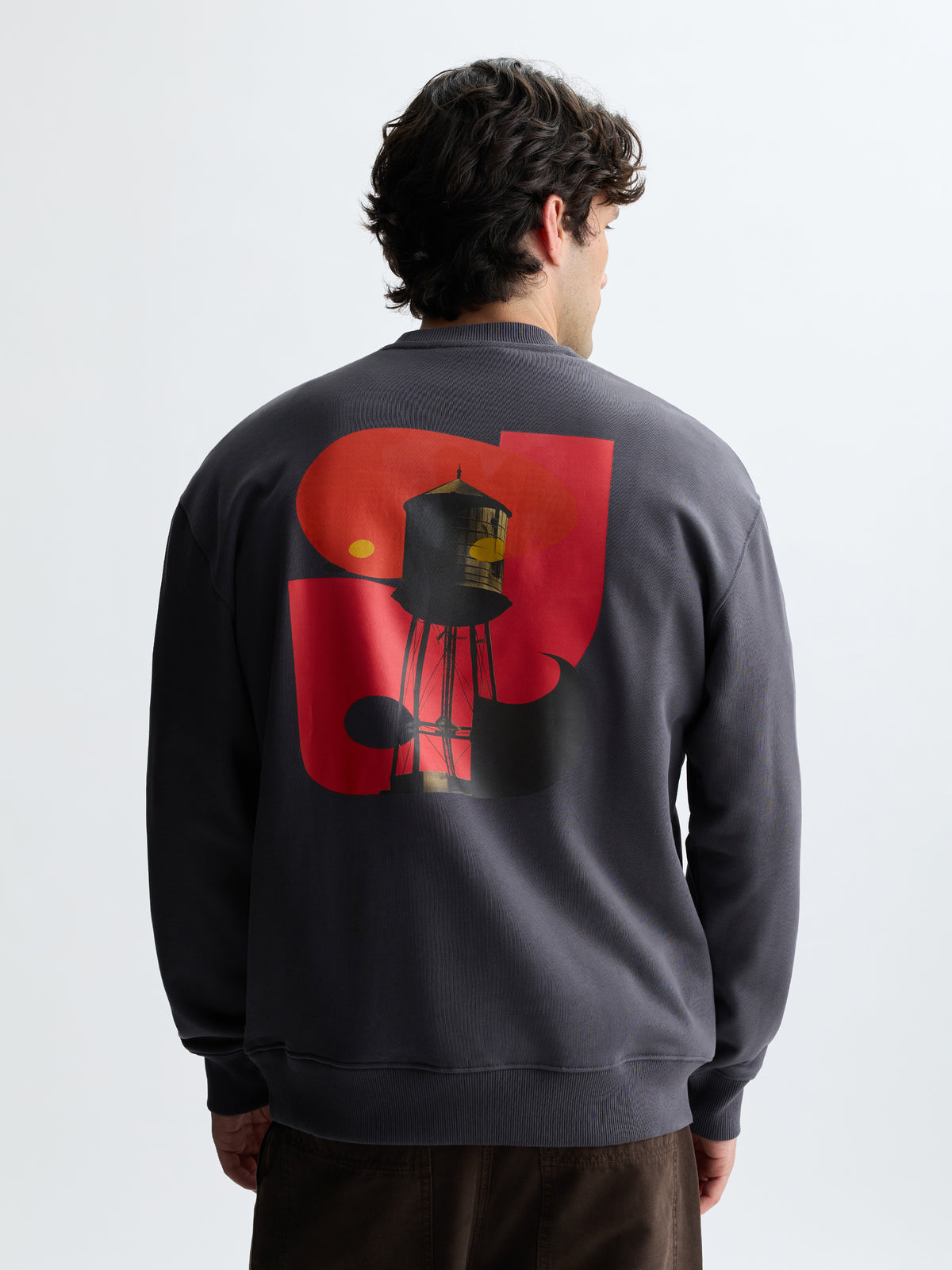 Men's Sunset Water Tower Crew Neck Sweatshirt in Asphalt - BROOKLYN INDUSTRIES