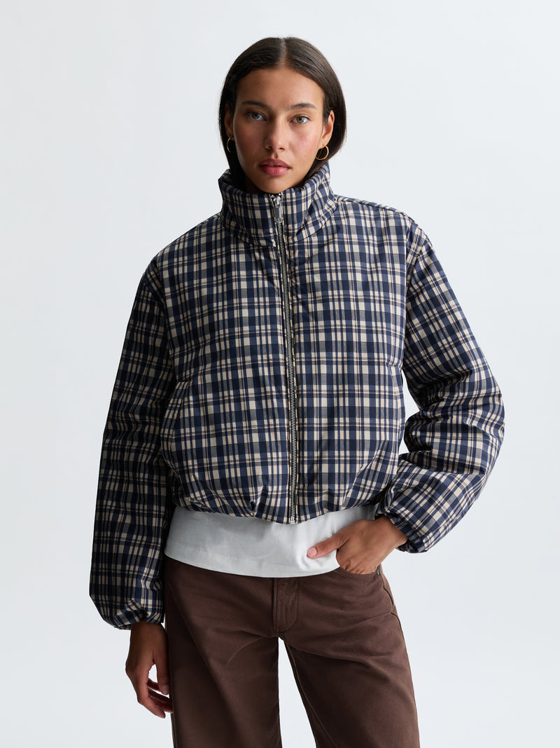 Women's Cropped Bomber Jacket in Blue Check - BROOKLYN INDUSTRIES