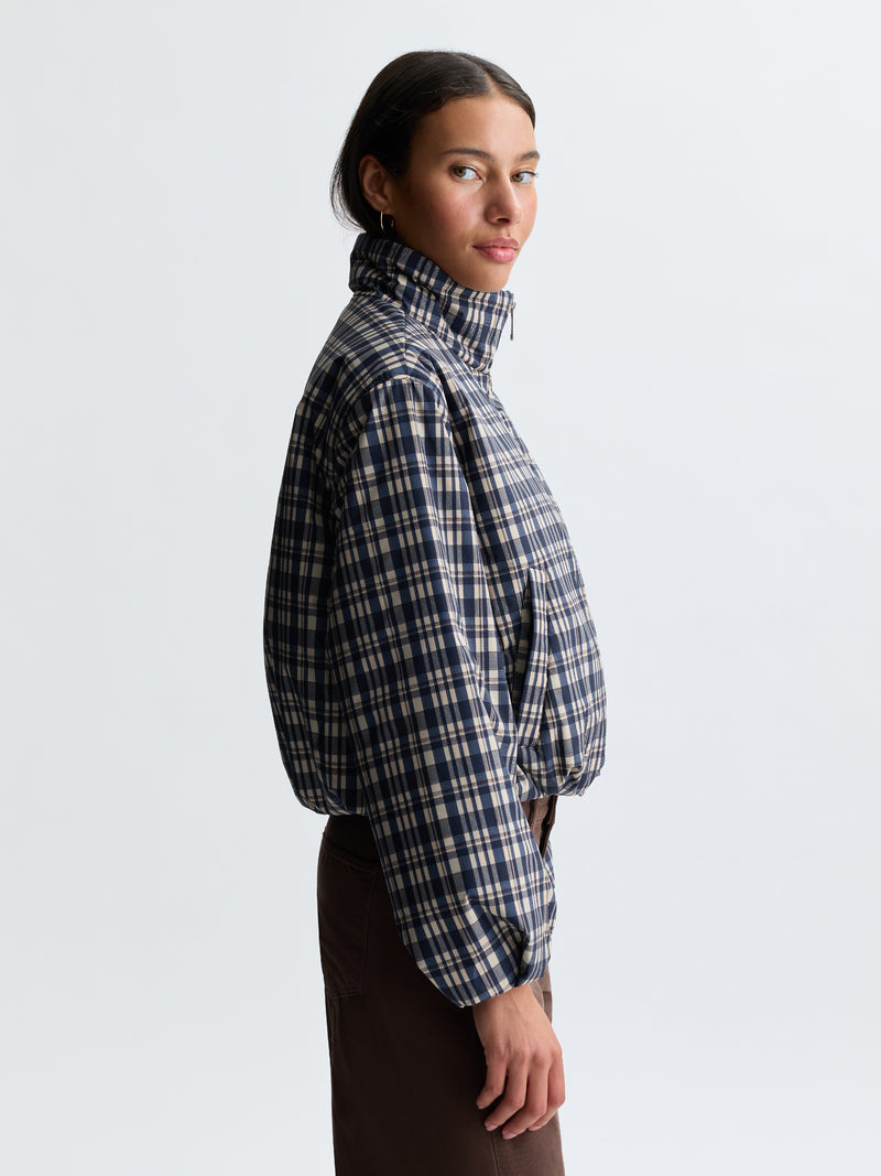 Women's Cropped Bomber Jacket in Blue Check - BROOKLYN INDUSTRIES