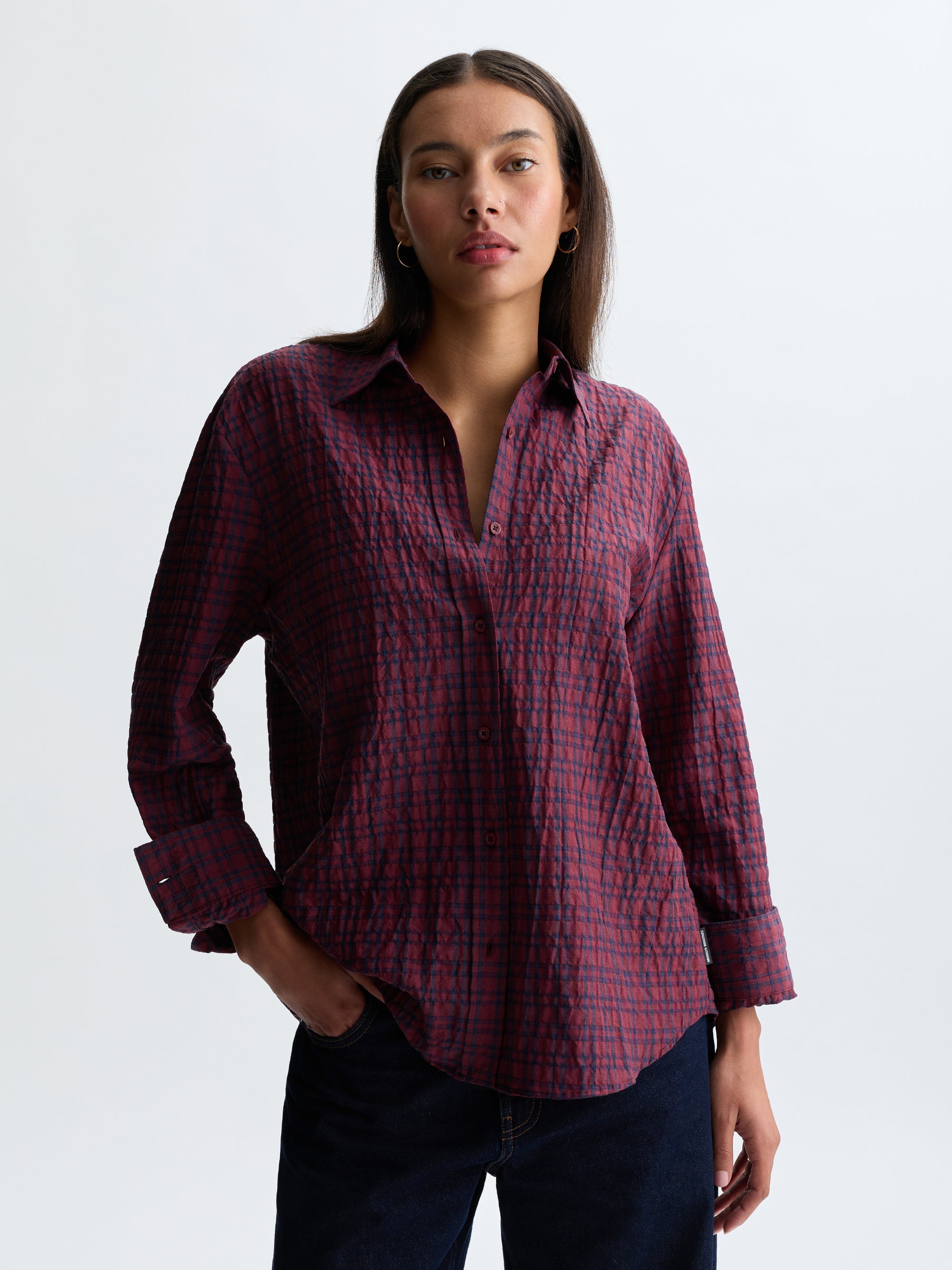 Women's Long Sleeve Plaid Shirt in Maroon Banner Check - BROOKLYN INDUSTRIES