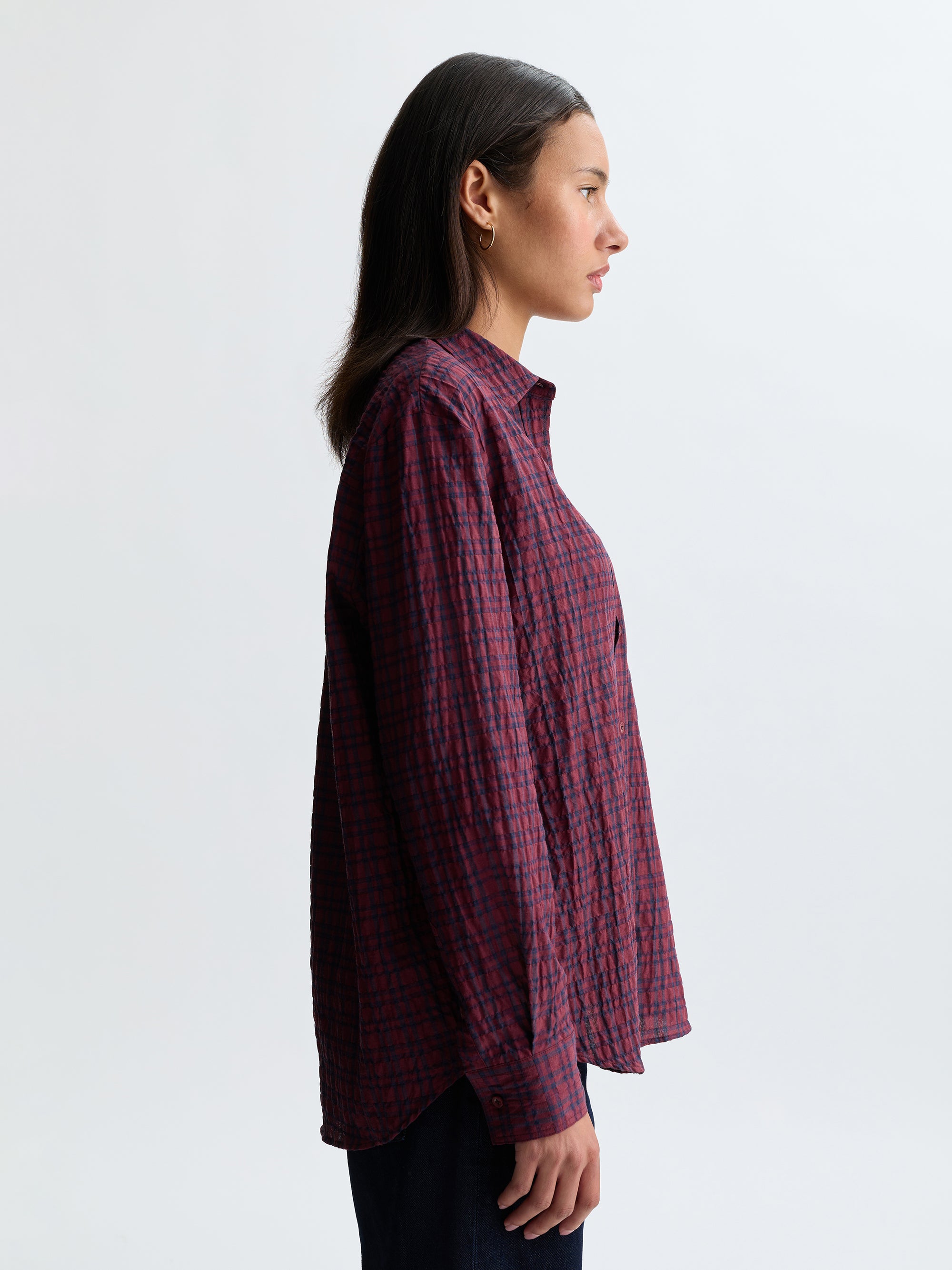 Women's Long Sleeve Plaid Shirt in Maroon Banner Check - BROOKLYN INDUSTRIES