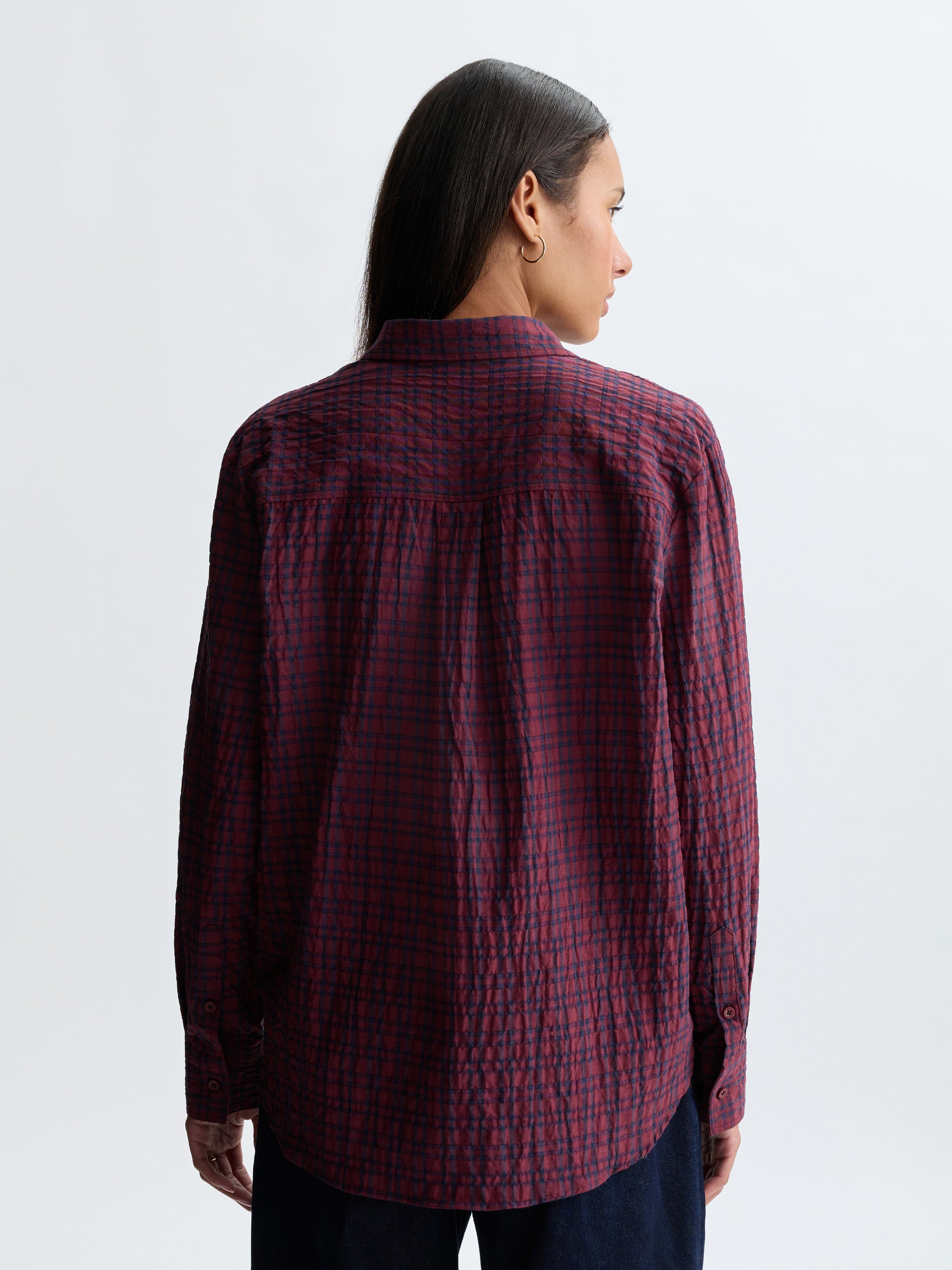 Women's Long Sleeve Plaid Shirt in Maroon Banner Check - BROOKLYN INDUSTRIES
