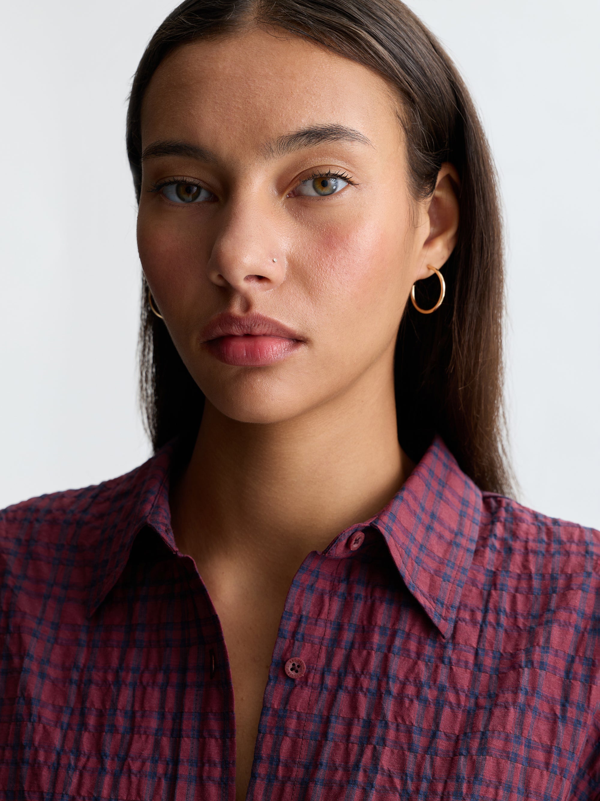 Women's Long Sleeve Plaid Shirt in Maroon Banner Check - BROOKLYN INDUSTRIES