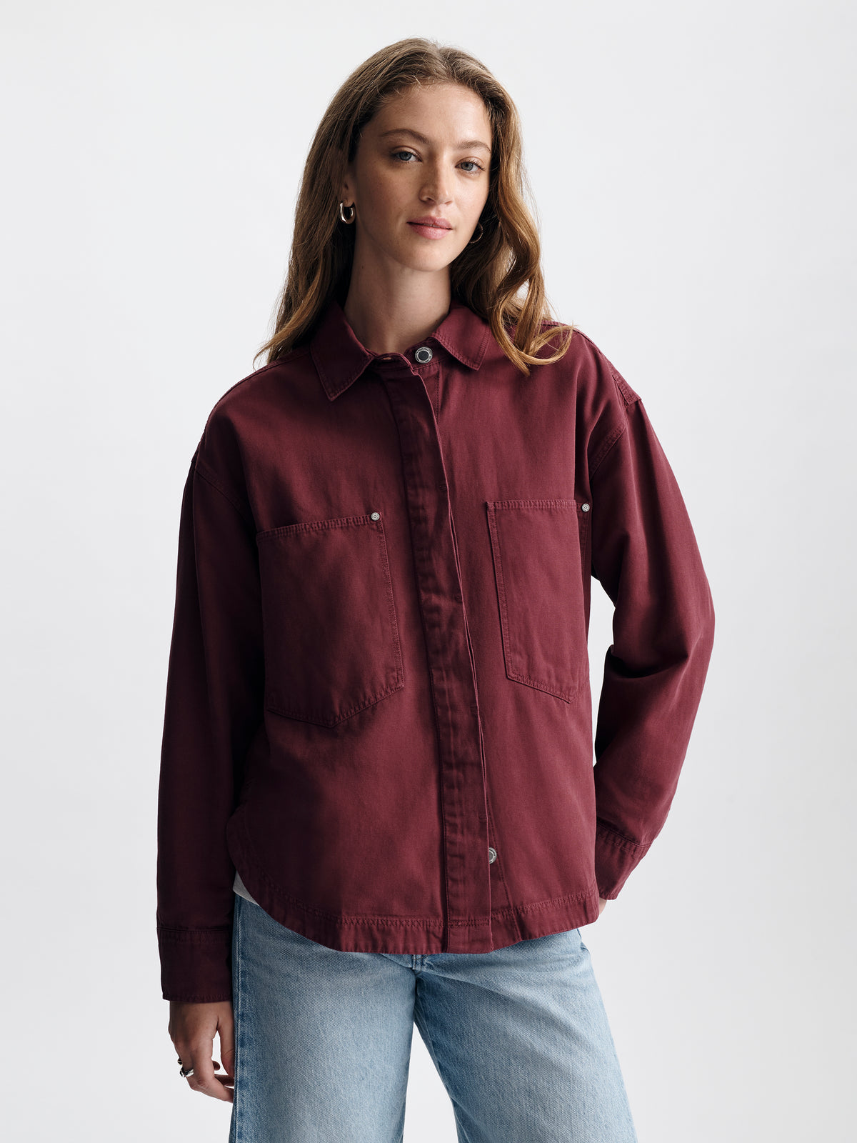 Women's Oversized Overshirt in Maroon Banner - BROOKLYN INDUSTRIES