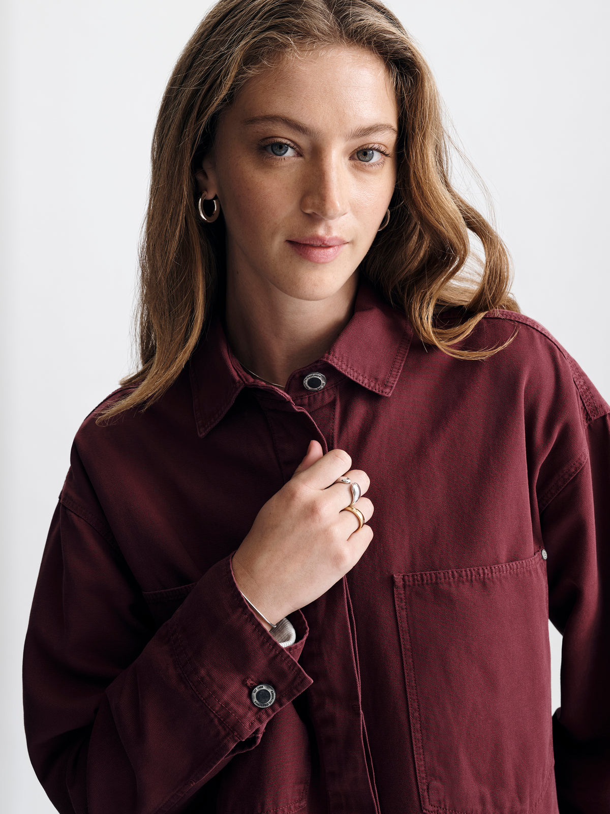 Women's Oversized Overshirt in Maroon Banner - BROOKLYN INDUSTRIES