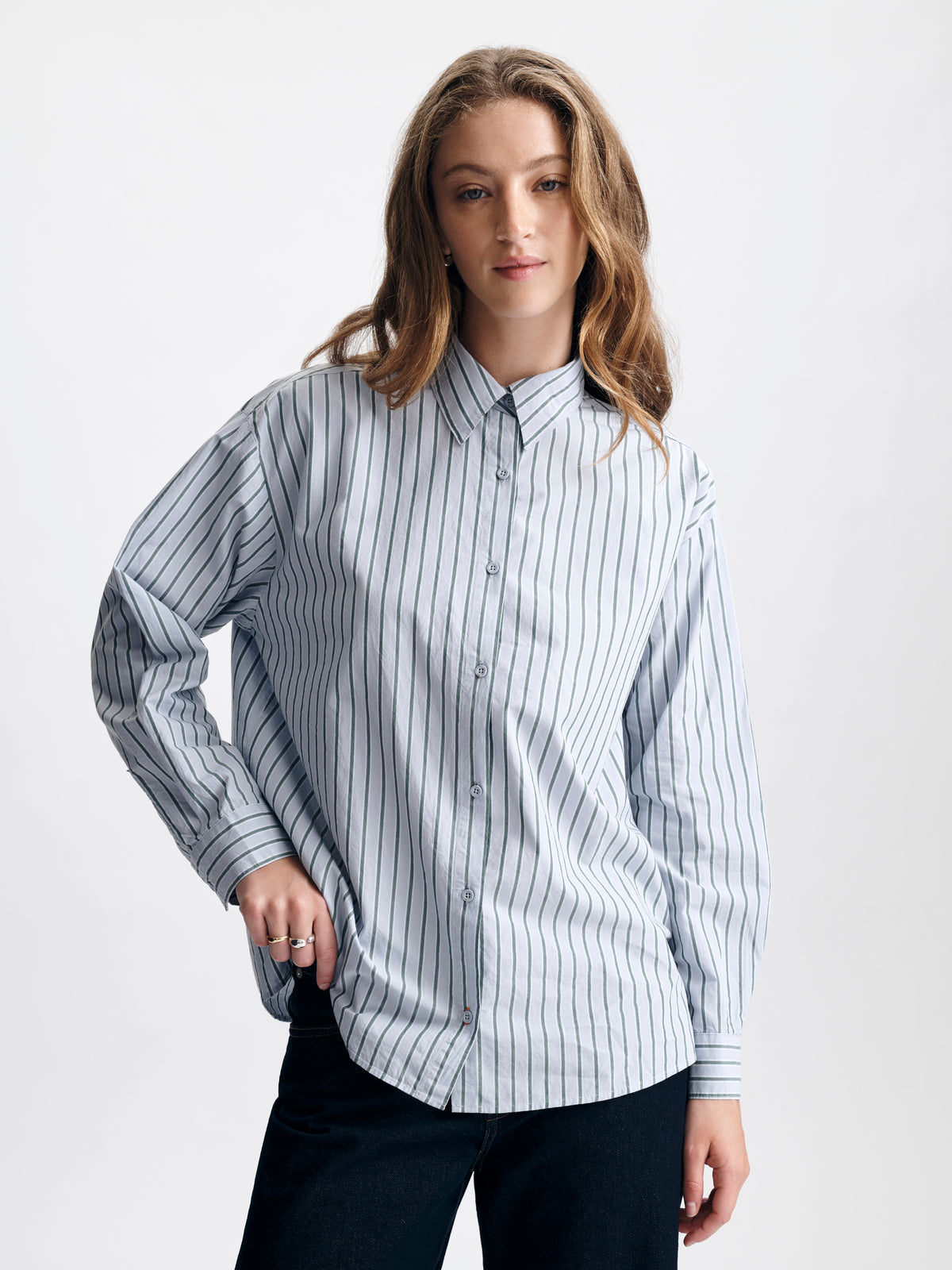 Women's Oversized Long Sleeve Shirt in Blue Stripe - BROOKLYN INDUSTRIES
