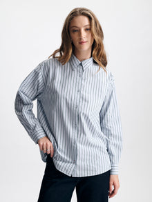 Women's Oversized Long Sleeve Shirt in Blue Stripe - BROOKLYN INDUSTRIES