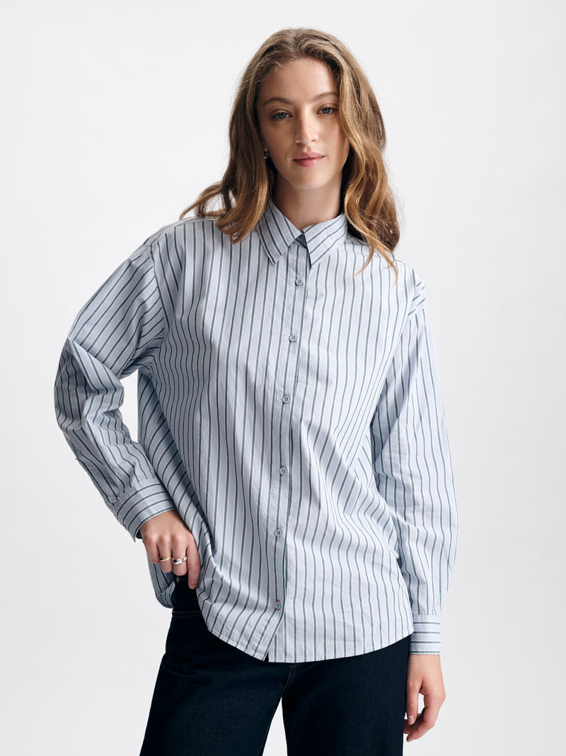 Women's Oversized Long Sleeve Shirt in Blue Stripe - BROOKLYN INDUSTRIES