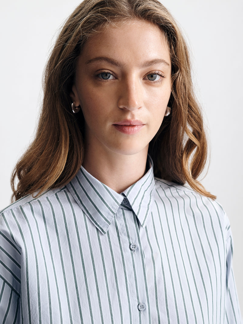 Women's Oversized Long Sleeve Shirt in Blue Stripe - BROOKLYN INDUSTRIES