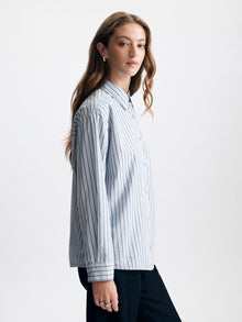 Women's Oversized Long Sleeve Shirt in Blue Stripe - BROOKLYN INDUSTRIES
