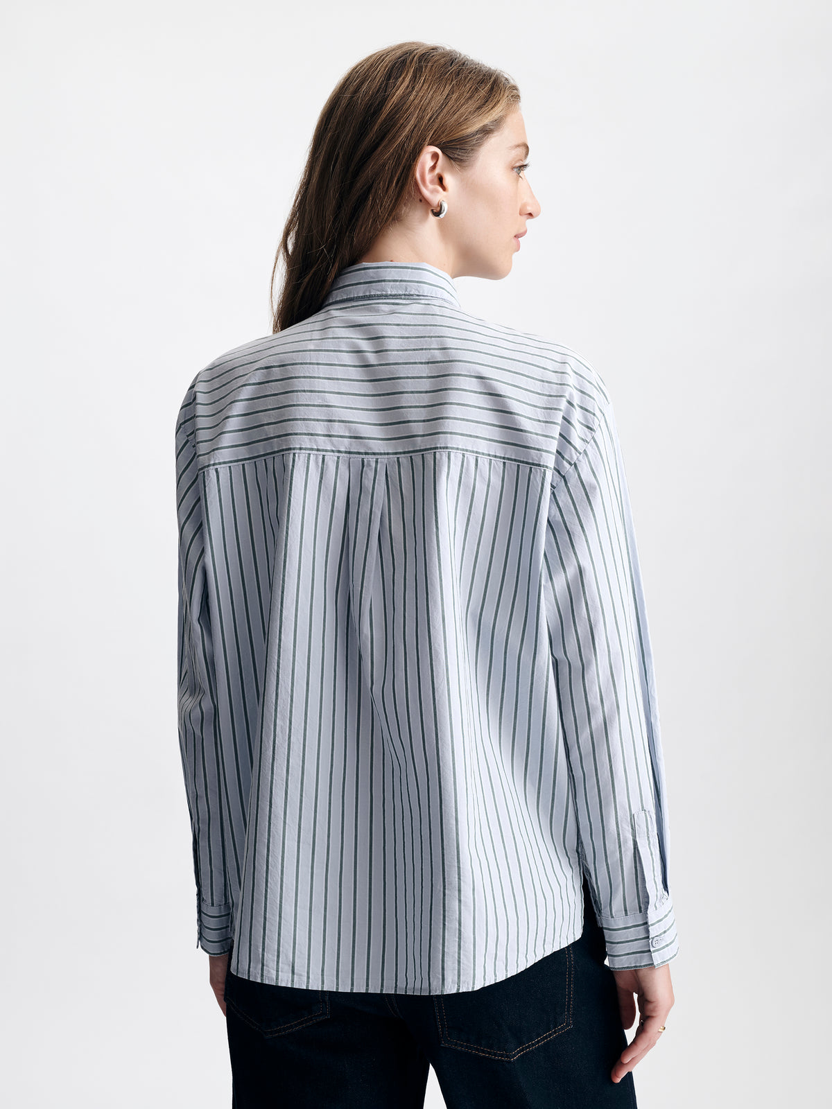 Women's Oversized Long Sleeve Shirt in Blue Stripe - BROOKLYN INDUSTRIES