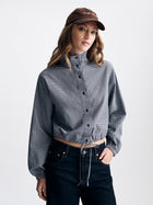 Women's Cropped Drawstring Long Sleeve Shirt in Mood Indigo Check - BROOKLYN INDUSTRIES