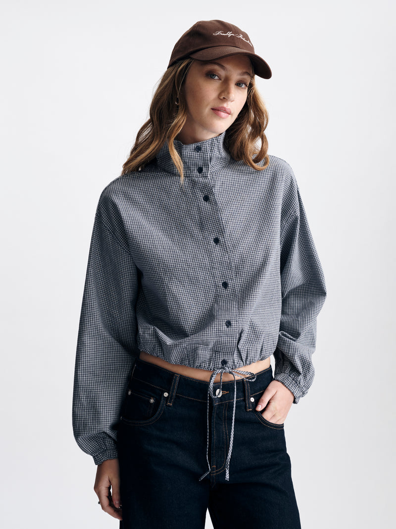 Women's Cropped Drawstring Long Sleeve Shirt in Mood Indigo Check - BROOKLYN INDUSTRIES