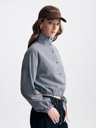 Women's Cropped Drawstring Long Sleeve Shirt in Mood Indigo Check - BROOKLYN INDUSTRIES