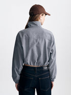 Women's Cropped Drawstring Long Sleeve Shirt in Mood Indigo Check - BROOKLYN INDUSTRIES