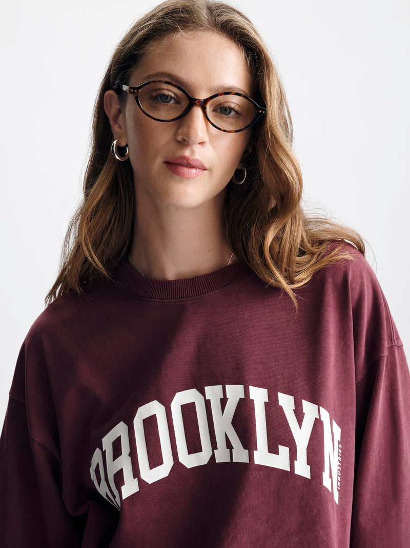 Women's Brooklyn Long Sleeve T-Shirt in Maroon Banner - BROOKLYN INDUSTRIES
