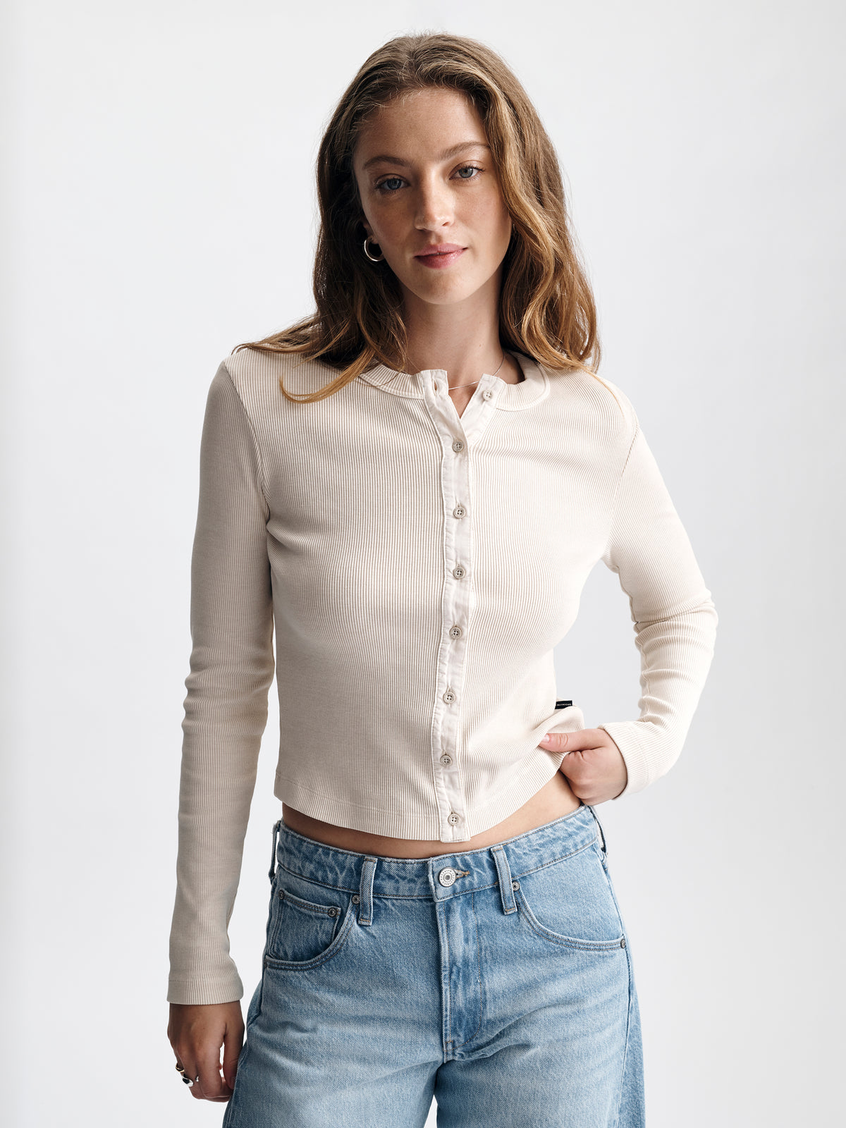 Women's Ribbed Button-Up T-Shirt in Sandshell - BROOKLYN INDUSTRIES