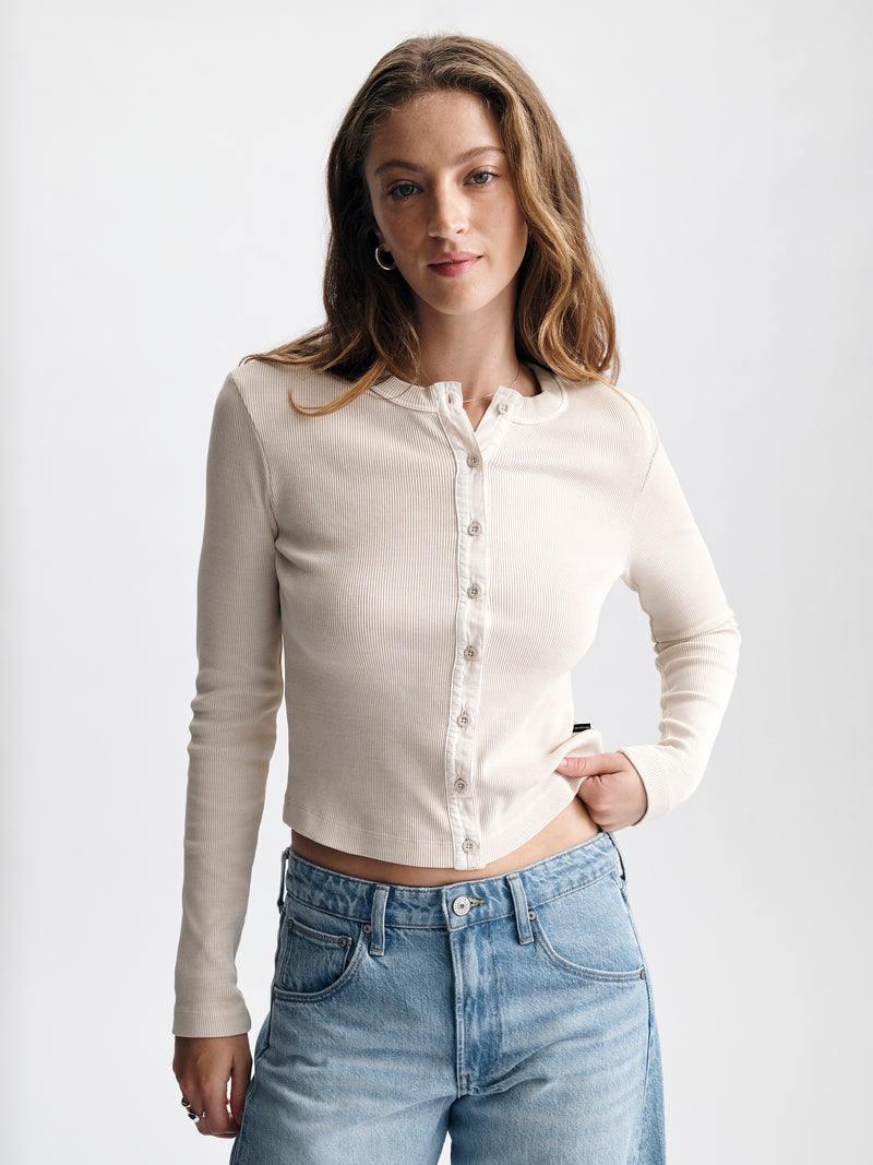 Women's Ribbed Button-Up T-Shirt in Sandshell - BROOKLYN INDUSTRIES