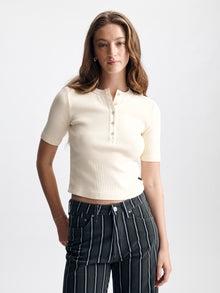 Women's Ribbed Henley T-Shirt in Transparent Yellow - BROOKLYN INDUSTRIES
