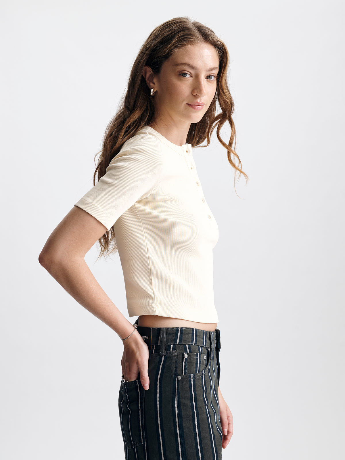 Women's Ribbed Henley T-Shirt in Transparent Yellow - BROOKLYN INDUSTRIES