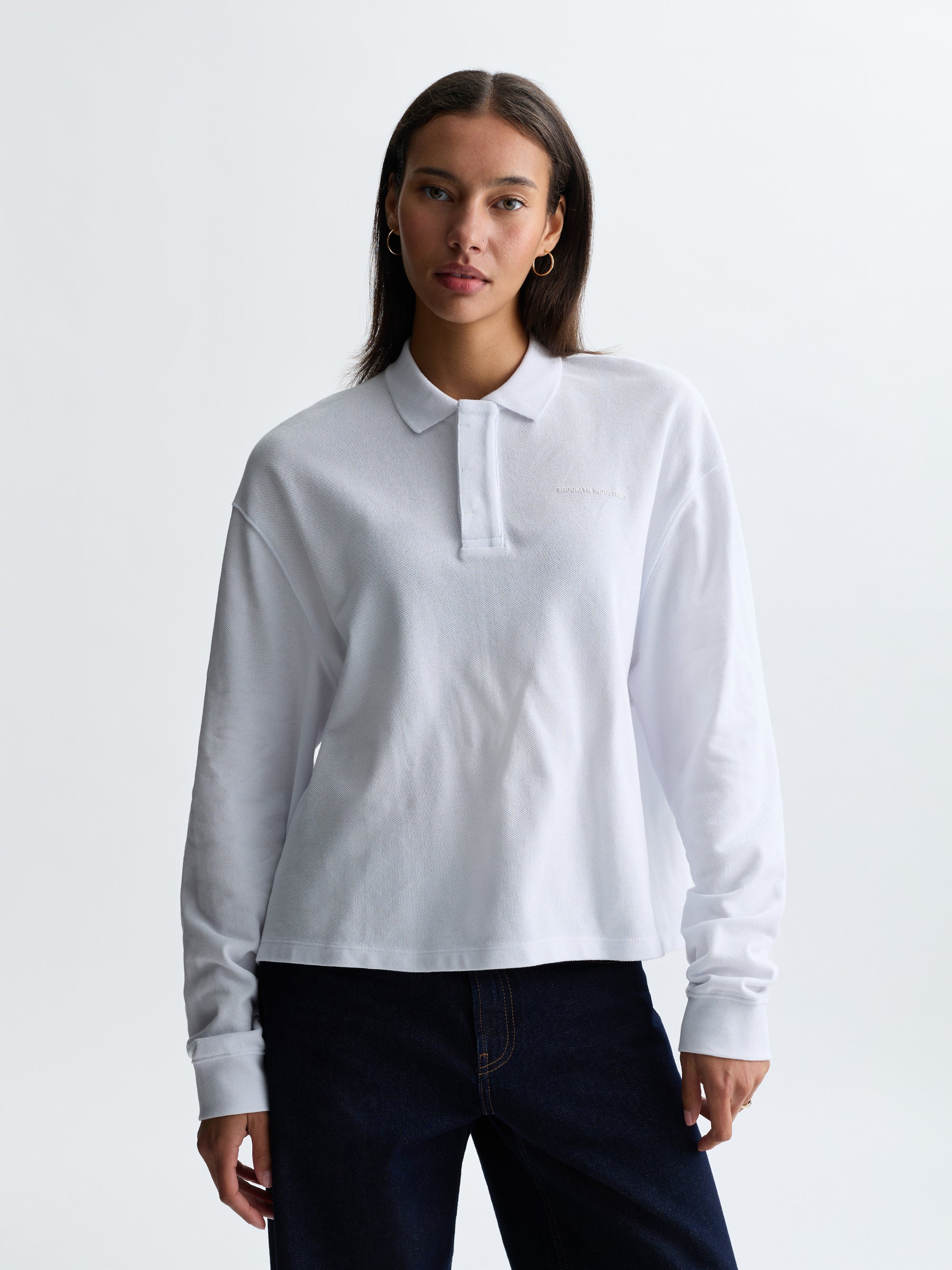 Women's Pique Polo Long Sleeve T-Shirt in White - BROOKLYN INDUSTRIES