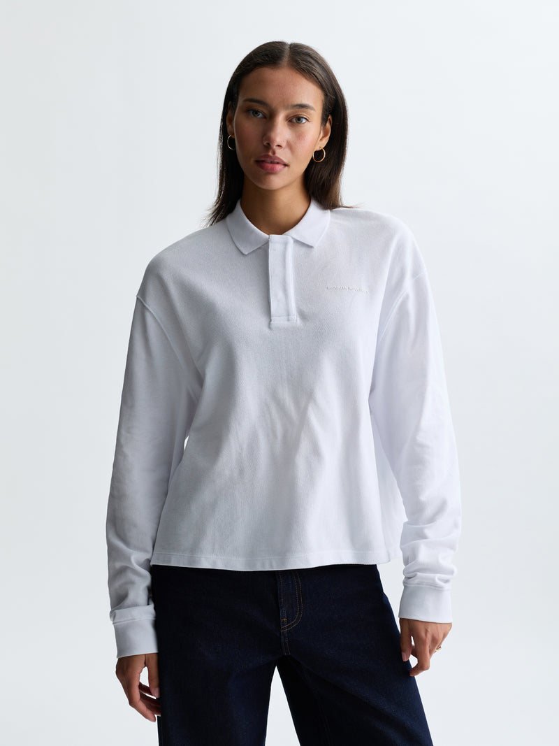Women's Pique Polo Long Sleeve T-Shirt in White - BROOKLYN INDUSTRIES