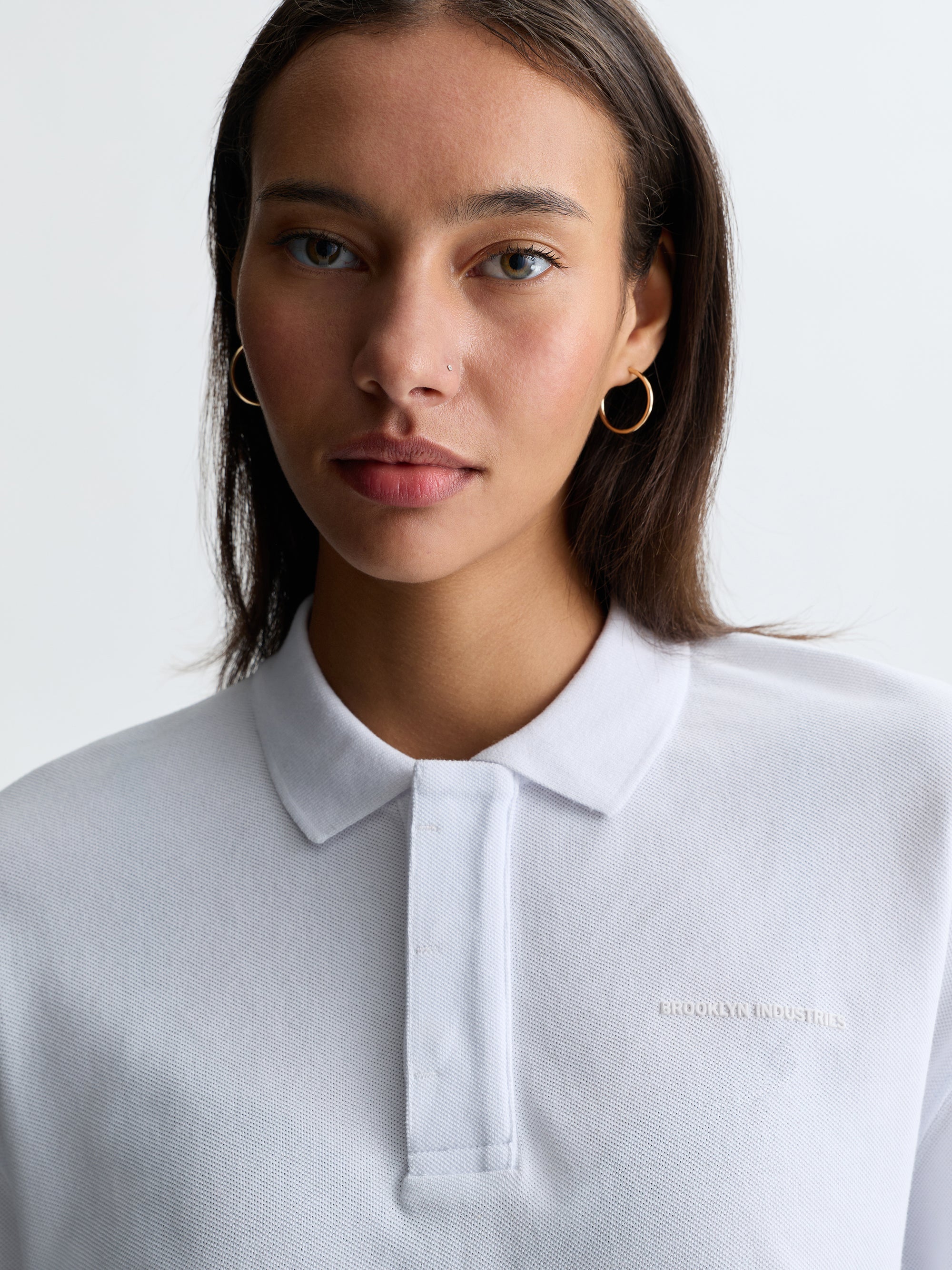 Women's Pique Polo Long Sleeve T-Shirt in White - BROOKLYN INDUSTRIES