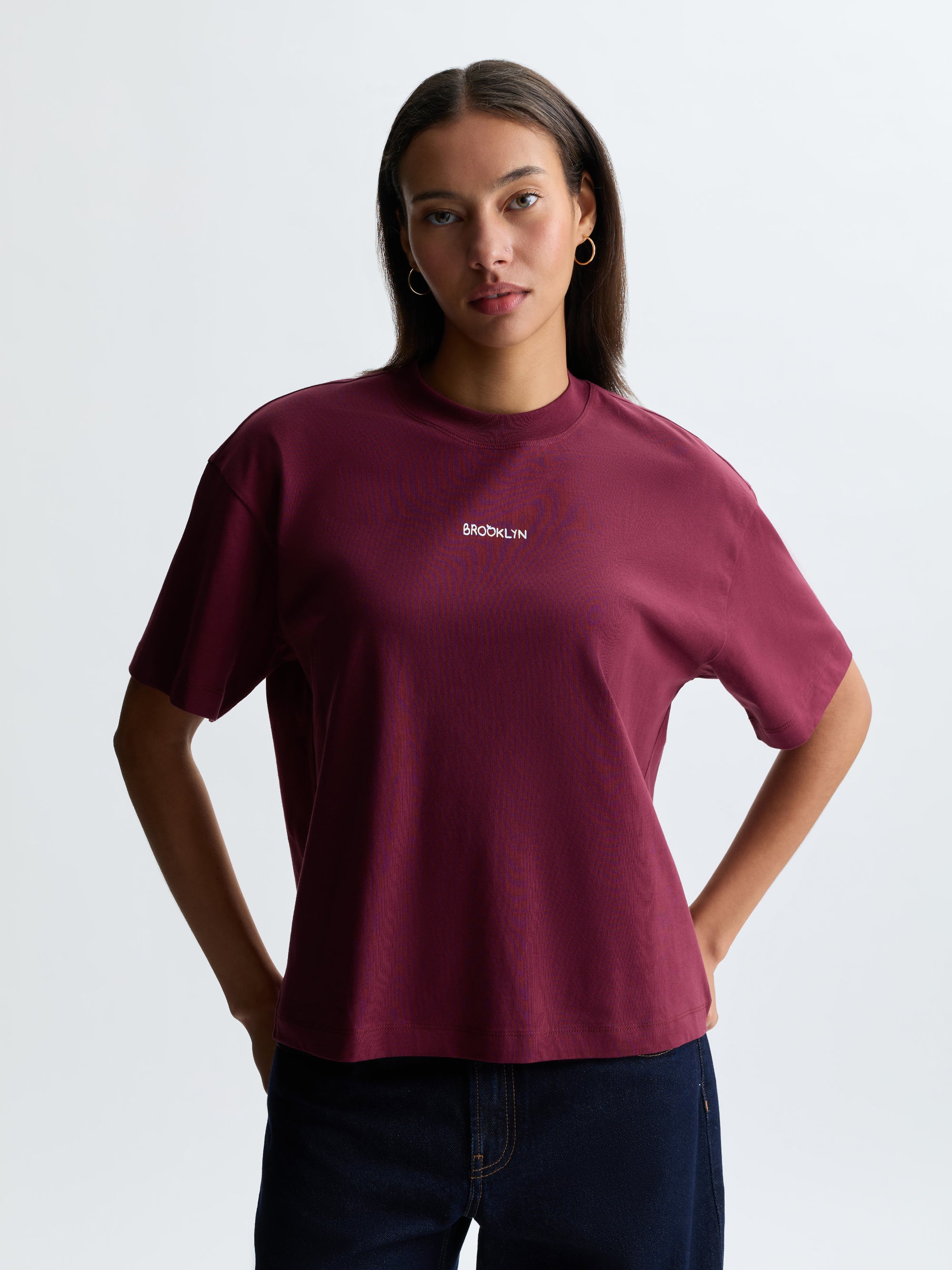 Women's Apple Tree T-Shirt in Maroon Banner - BROOKLYN INDUSTRIES