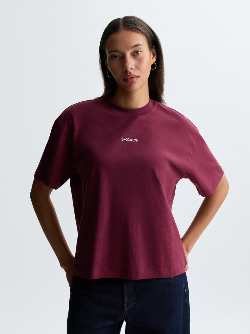Women's Apple Tree T-Shirt in Maroon Banner - BROOKLYN INDUSTRIES