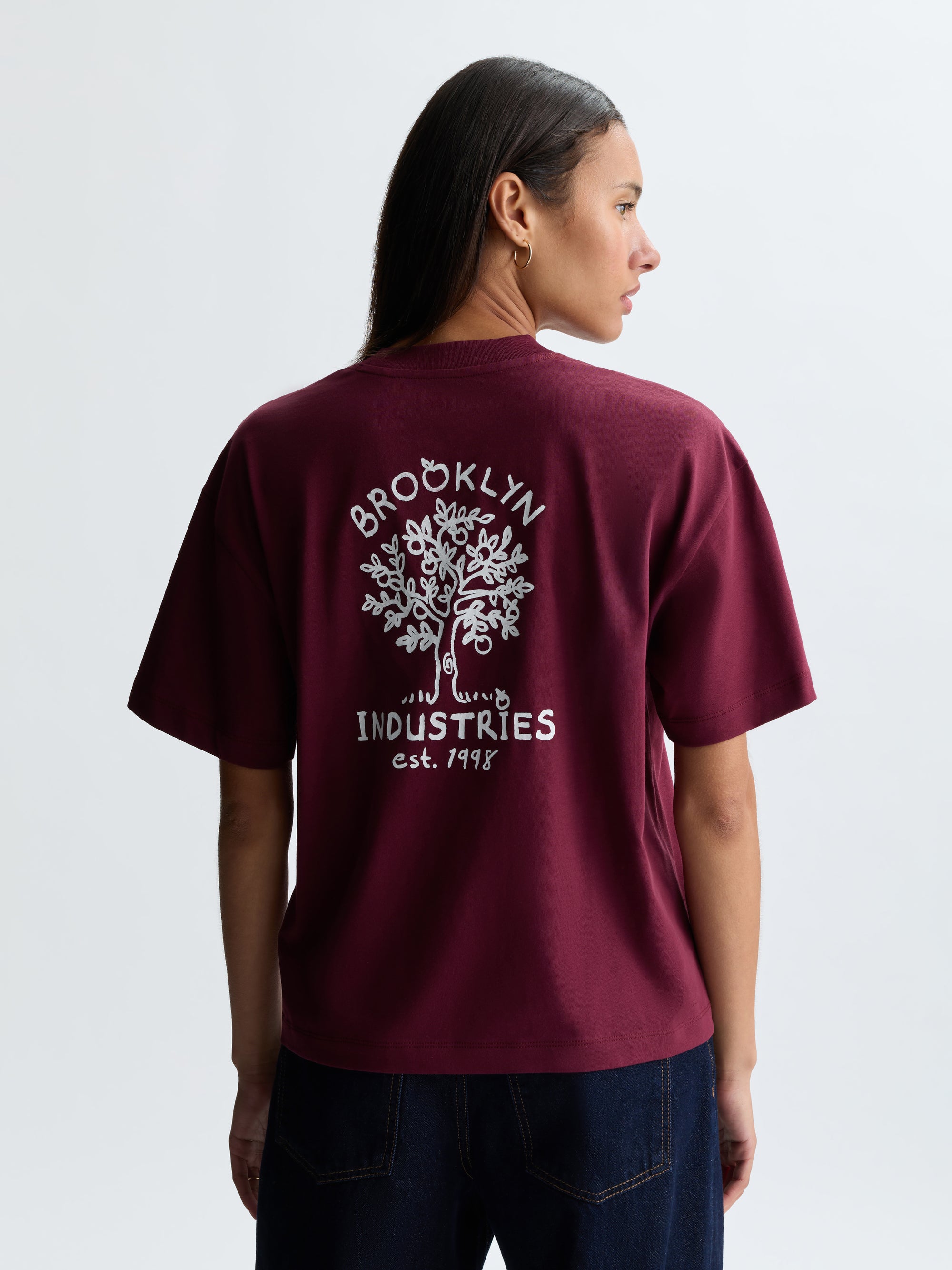 Women's Apple Tree T-Shirt in Maroon Banner - BROOKLYN INDUSTRIES