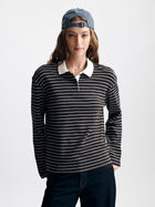 Women's Long Sleeve Polo T-Shirt in Chocolate Torte Stripe - BROOKLYN INDUSTRIES