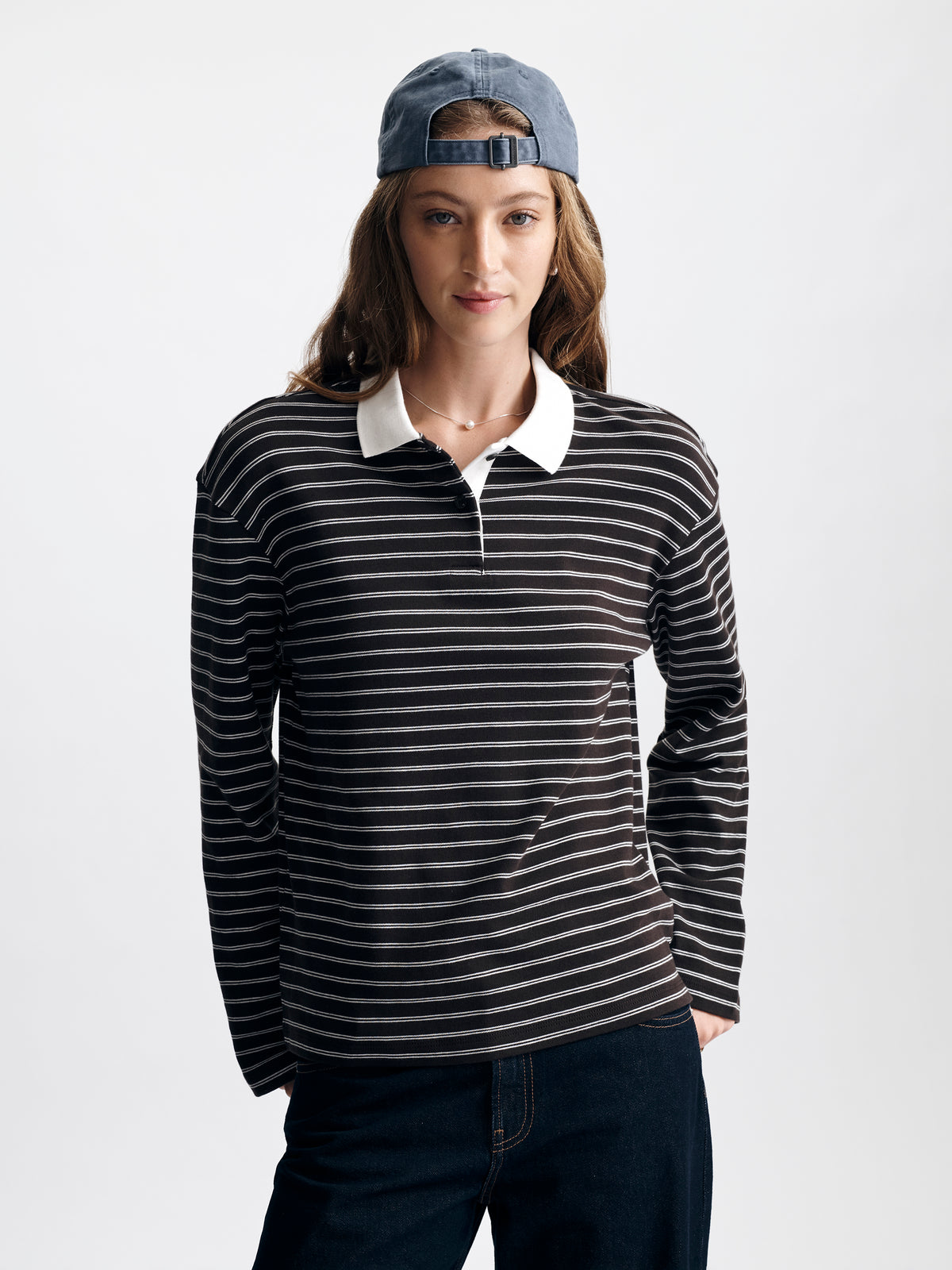 Women's Long Sleeve Polo T-Shirt in Chocolate Torte Stripe - BROOKLYN INDUSTRIES