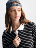 Women's Long Sleeve Polo T-Shirt in Chocolate Torte Stripe - BROOKLYN INDUSTRIES