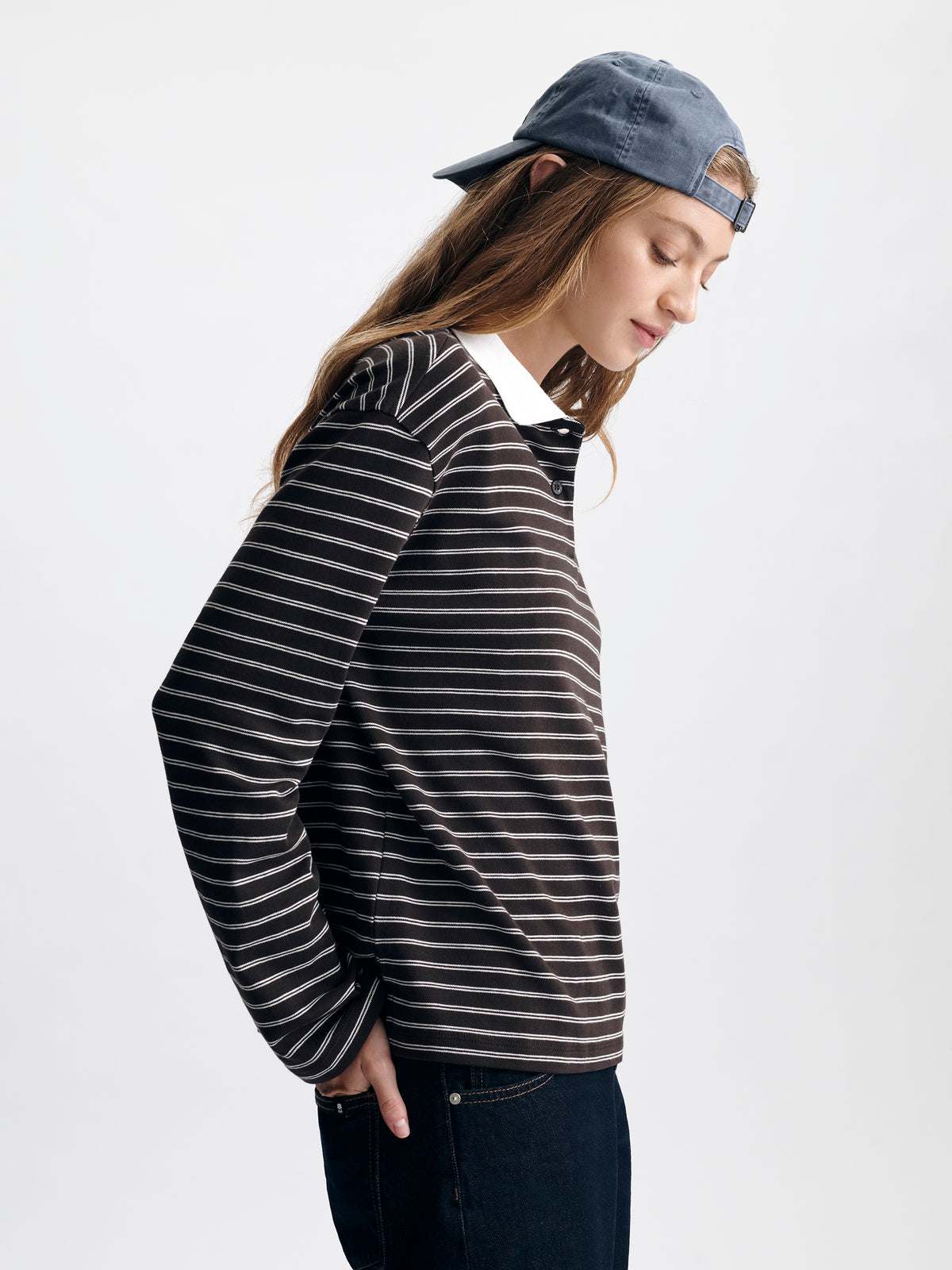 Women's Long Sleeve Polo T-Shirt in Chocolate Torte Stripe - BROOKLYN INDUSTRIES