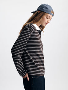 Women's Long Sleeve Polo T-Shirt in Chocolate Torte Stripe - BROOKLYN INDUSTRIES