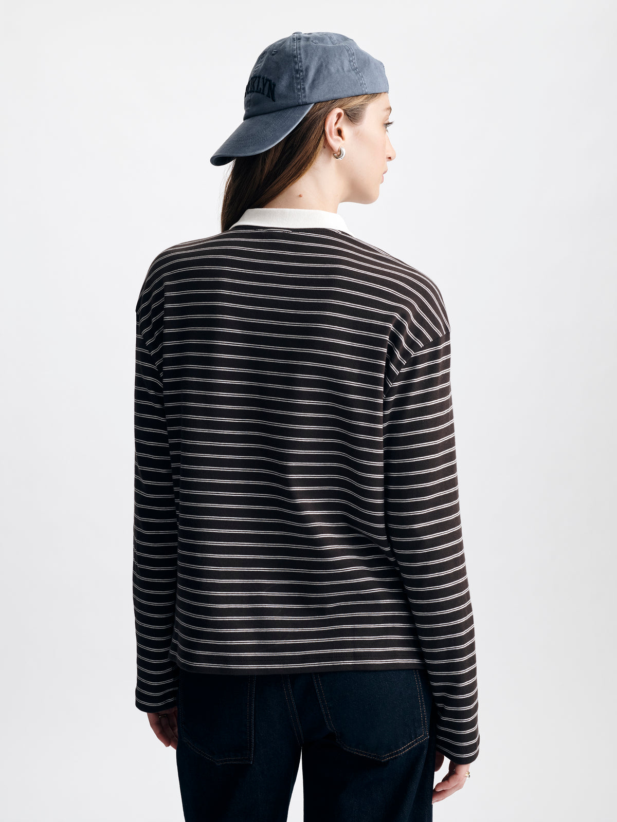 Women's Long Sleeve Polo T-Shirt in Chocolate Torte Stripe - BROOKLYN INDUSTRIES