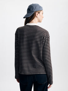 Women's Long Sleeve Polo T-Shirt in Chocolate Torte Stripe - BROOKLYN INDUSTRIES