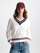 Women's Cable-Knit Varsity Sweater in White Alyssum - BROOKLYN INDUSTRIES