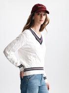 Women's Cable-Knit Varsity Sweater in White Alyssum - BROOKLYN INDUSTRIES