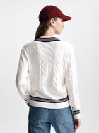 Women's Cable-Knit Varsity Sweater in White Alyssum - BROOKLYN INDUSTRIES