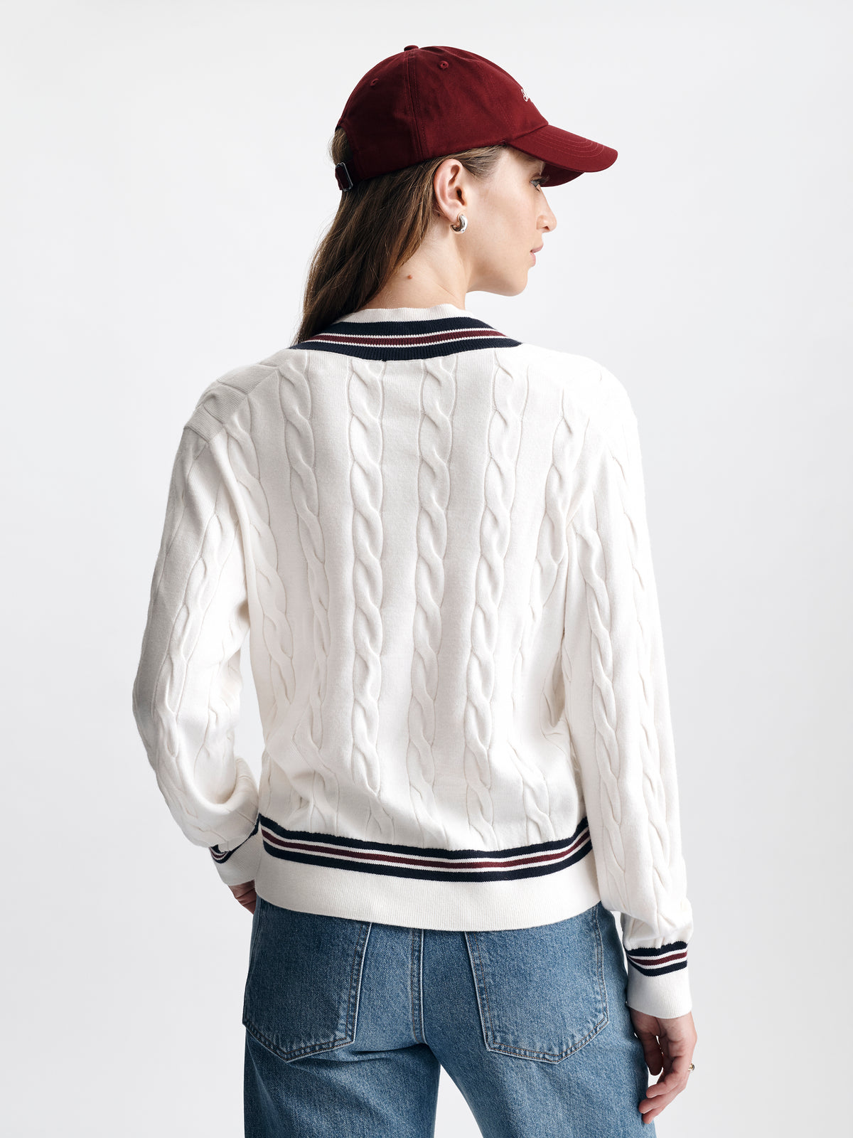 Women's Cable-Knit Varsity Sweater in White Alyssum - BROOKLYN INDUSTRIES